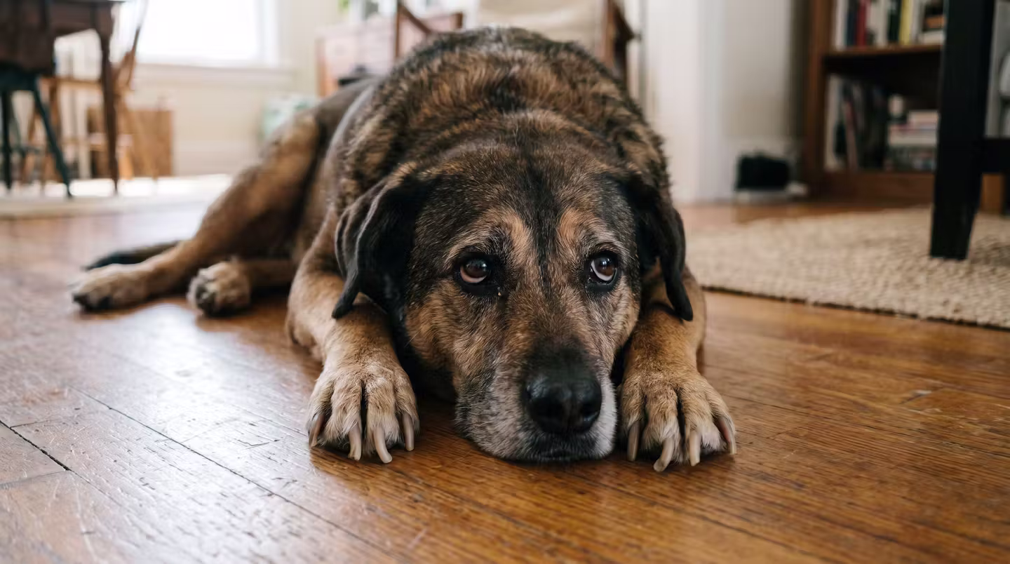 A calm dog resting on a wooden floor in warm afternoon light