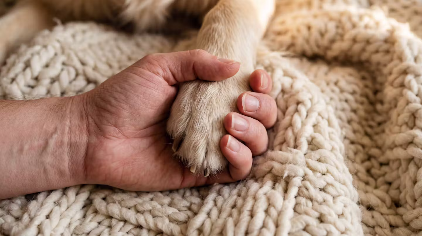 A person gently holding a small dog's paw on a soft blanket