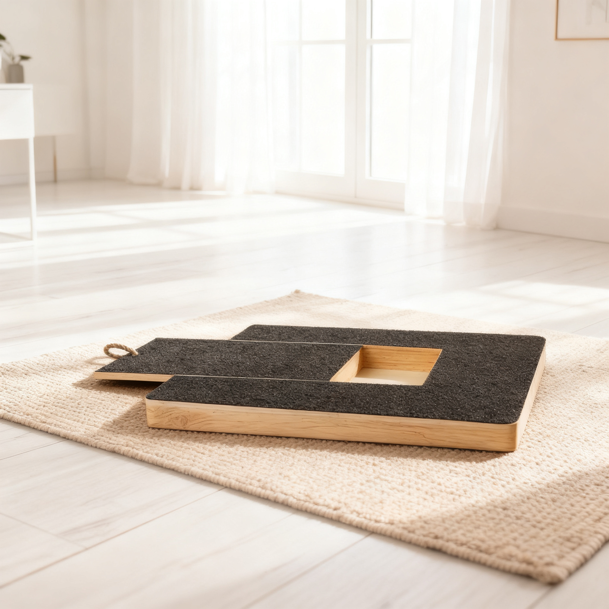 A small angled wooden scratch board sitting on a warm rug
